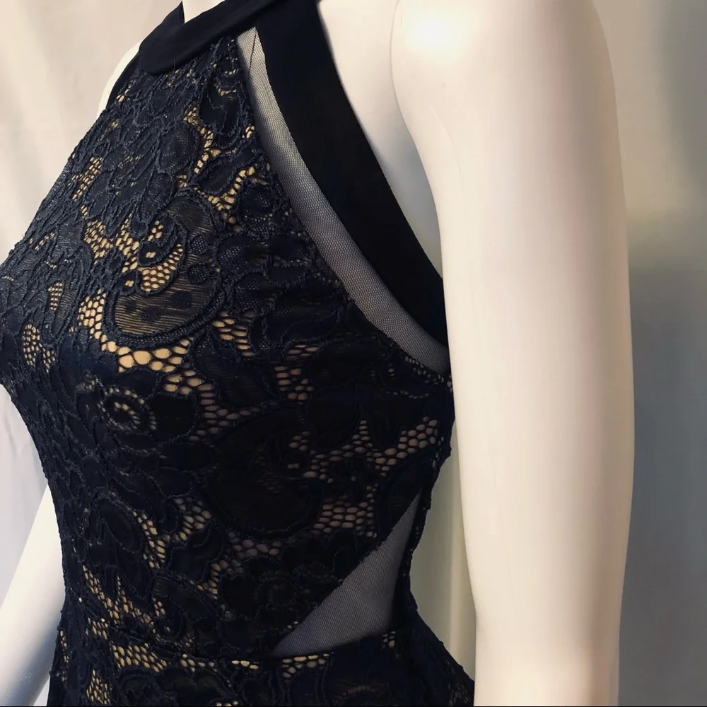 Crystal Doll 5 navy lace over nude halter mini dress - Picture 4 of 9